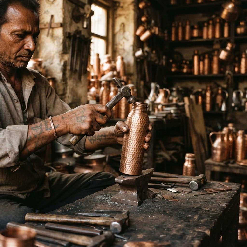Artisan handcrafting a copper bottle in a workshop